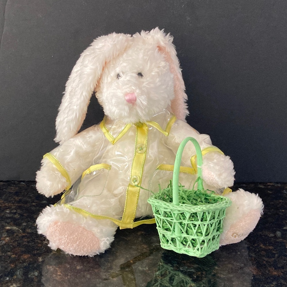 GODIVA White Lop-Eared Easter Bunny Rabbit in Clear Raincoat & Green Basket/NWT!